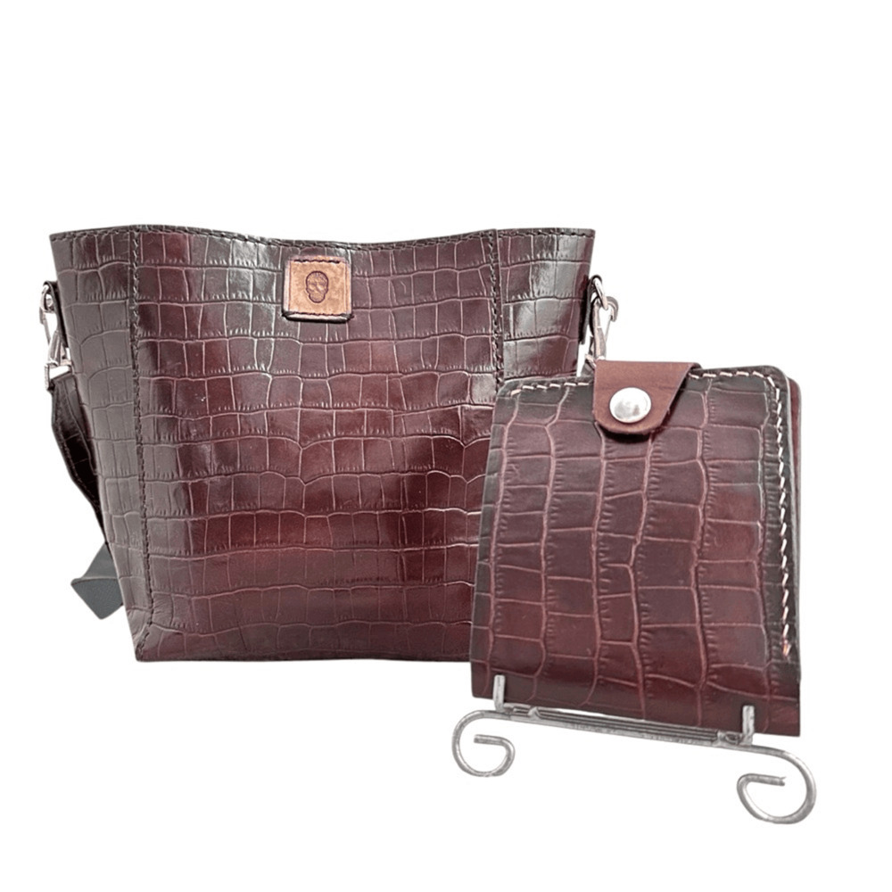 Y2K 90s Tandy Leather Brown Embossed Croc Bucket Bag Wallet Set Crossbody Vtg